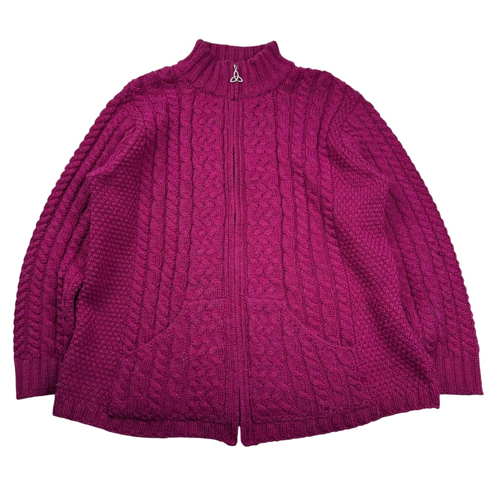 Aran Crafts Ireland Merino Wool Cable Knit Zip Cardigan Magenta Purple Medium